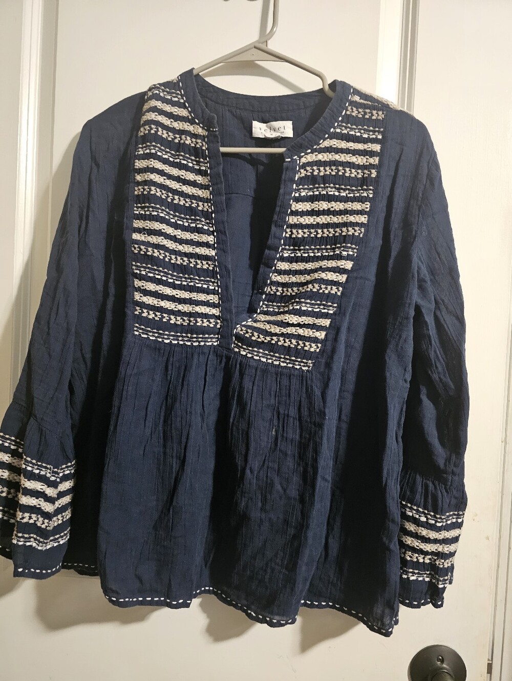 Velvet by Graham & Spencer Navy Tunic with White Embroidered Panels